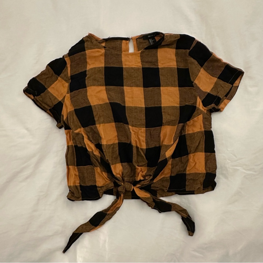 Forever 21 Mustard Yellow and Black Checkered Crop Top with Front Tie, Small